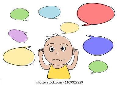 Baby covers his ears for stop hearing lot of speech bubbles he has to listen to and make him to get confuse