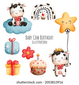 Baby cow birthday, baby cow watercolor element, papercut style. 