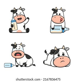 Baby cow and milk in different poses set cartoon illustration with cute expression