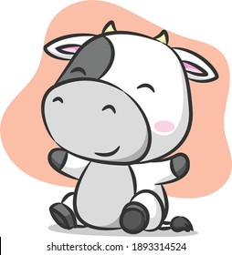 The baby cow is sitting and posing from the right side of illustration