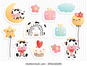 Baby cow sticker, cow borthday sticker sheet. 