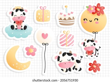 Baby cow sticker, cow borthday sticker sheet. 