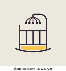 Baby cradle bed with hanging toys vector icon. Graph symbol for children and newborn babies web site and apps design, logo, app, UI