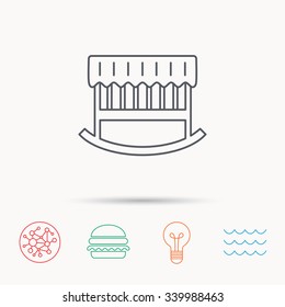 Baby cradle bed icon. Child crib sign. Newborn sleeping cot symbol. Global connect network, ocean wave and burger icons. Lightbulb lamp symbol.