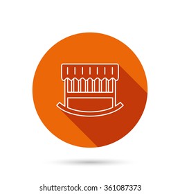 Baby cradle bed icon. Child crib sign. Newborn sleeping cot symbol. Round orange web button with shadow.