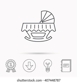 Baby cradle bed icon. Child crib sign. Newborn sleeping cot symbol. Download arrow, lamp, learn book and award medal icons.