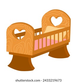 Baby cradle. Wooden baby crib cradle bed children's bedroom. Kids, baby shower, nursery decoration. Vector hand drawn illustration, flat design.