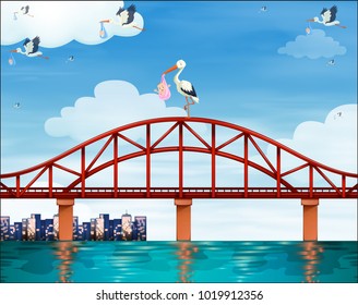 Baby and crane on the bridge illustration