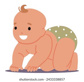 Baby Crawl, Infant Explore Surroundings Crawling On Hands And Knees. Little Child Develops Motor Skills, Curiosity And Independence, Fostering Physical And Cognitive Development. Vector Illustration