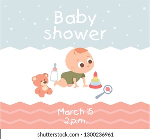 Baby crawling around and playing with toys. Invitation layout, flyer, leaflet , greeting card, announcement.