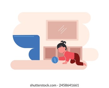 Baby is crawling in the house alone, with a ball. Character design. Vector flat illustration