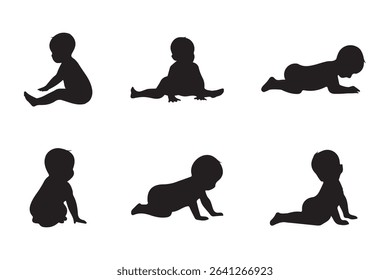 Baby Crawling Silhouettes Set. Very smooth and detail vector . Sitting, crawling and standing. Vector illustration . 