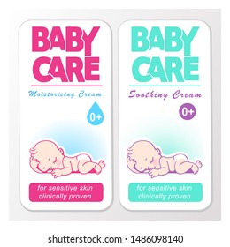 Baby Cream Logo Design Template. Baby In Diaper Emblem. Cream, Soap Logo. Cute Little Boy, Girl Sleeping. Baby Care Hygiene Cosmetic Symbol.  Logotype For Package With Text. Color Vector Illustration.