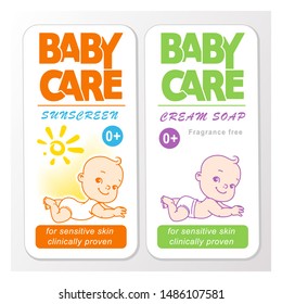 Baby Cream Logo Design Template. Baby In Diaper Emblem. Cream, Sunscreen. Cute Little Boy, Girl Sleeping. Baby Care Hygiene Cosmetic Symbol.  Logotype For Package With Text. Color Vector Illustration.