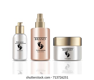 Baby cream and spray Vector realistic cosmetics. Product package label design