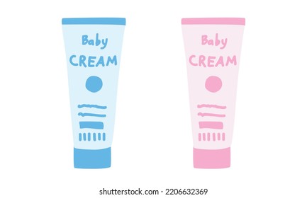 Baby cream tube clipart. Simple cute blue and pink bottle of baby cream tubes flat vector illustration. Plastic bottles of baby cosmetic products cartoon style