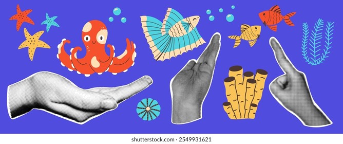 Baby creative funny sea colorful animals set with halftone hands. Retro marine collage. 