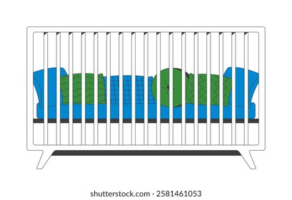 Baby crib with bars, mattress and cushions 2D cartoon object. Nursery furniture. Parenting essentials. Infant bedding isolated element flat vector clipart on white background. Spot illustration