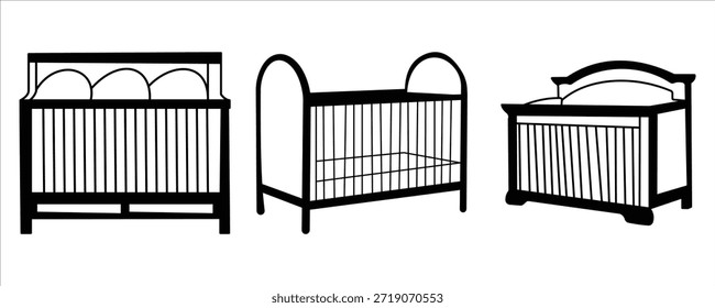Conjunto de iconos de Vector de cama de cuna de bebé - Ilustración de contorno en blanco y negro aislado sobre fondo blanco