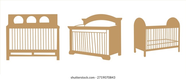 Conjunto de iconos de Vector de cama de cuna de bebé - Ilustración de contorno en blanco y negro aislado sobre fondo blanco