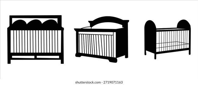 Conjunto de iconos de Vector de cama de cuna de bebé - Ilustración de contorno en blanco y negro aislado sobre fondo blanco