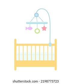 Baby crib with blue carousel for nursery. Isolated on white background. Home interior concept. Vector illustration. Cartoon flat style