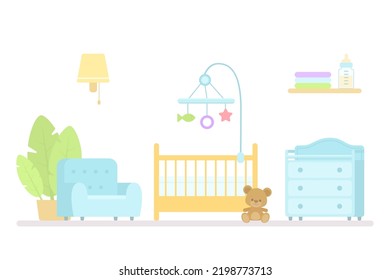 Cuna para bebés, cambiador de mesa y sillón para guardería. Caricatura de estilo plano. El concepto de casa interior. Ilustración del vector
