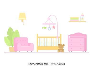 Cuna para bebés, cambiador de mesa y sillón para guardería. El concepto de casa interior. Caricatura de estilo plano. Ilustración del vector