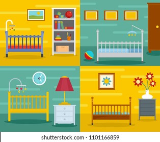 Baby crib cradle bed banner concept set. Flat illustration of 4 baby crib cradle bed vector banner horizontal concepts for web