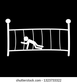 Baby crib cradle bed vector icon isolated on black.