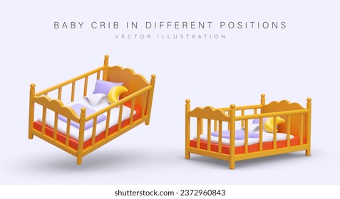 Kinderkrippe in verschiedenen Positionen. Bett, Draufsicht und Seitenansicht. Kuschelbettzubehör. Einzelne Illustrationen für Kinder kaufen. Set mit Farbbildern für Webdesign