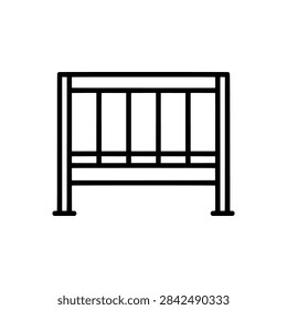 Baby crib frame with vertical bars and sturdy legs, black and white line art vector illustration