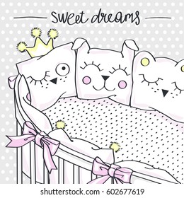 Baby crib with funny pillows. Vector illustration.
