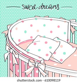 Baby crib with funny pillows. Vector illustration.