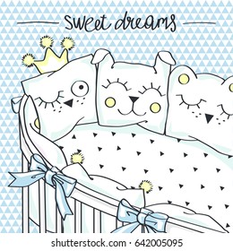Baby crib with funny pillows. Vector illustration.