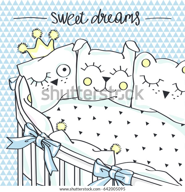 Baby Crib Funny Pillows Vector Illustration Objects Interiors