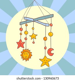 Baby Crib Hanging Mobile Toy On Blue Background Card, Vector