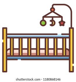 Baby crib with hanging toy vector illustration in line color design