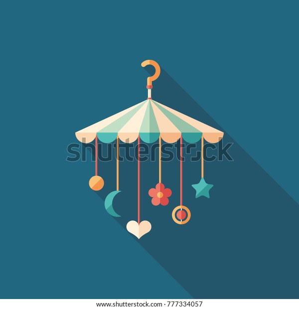 Baby crib hanging toys flat square icon with\
long shadows.