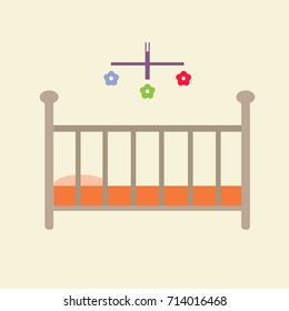 Baby crib icon with mobile, flat design.