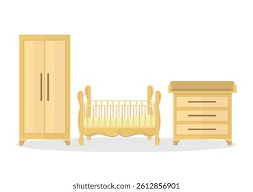 Baby crib icon with wardrobe and changing table on white background. Room furniture.