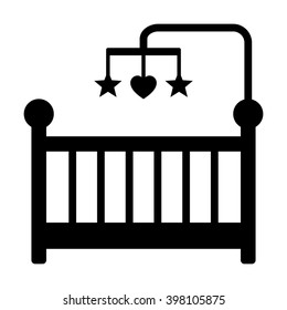 Baby crib or infant bed with hanging toys flat vector icon for apps and websites