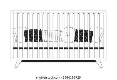 Baby crib with mattress and cushions black and white 2D line object. Nursery furniture. Parenting essentials. Infant bedding isolated clip art vector outline item. Monochromatic spot illustration