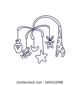 A baby crib mobile in doodle style. Rabbit, strawberry, moon, star and butterfly toys isolated outline. Hand drawn vector illustration in black ink on white background.
