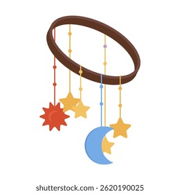 Baby crib mobile in flat design. Hanging toy with stars, moon and sun. Vector illustration isolated.