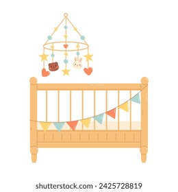 Baby crib with baby mobile rotating hanging toy. Flat vector illustration isolated on white background