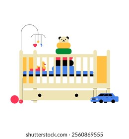 Baby Crib With Mobile Toys And Stuffed Animals In Flat Vector Illustration Symbolizing Childhood, Comfort, And Infant Care, Isolated On White Background.