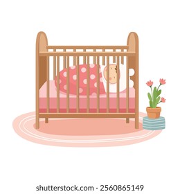 Baby crib with newborn baby sleeping inside. Wooden crib clipart with hanging mobile. Baby bedding flat vector in cartoon style isolated on white background.