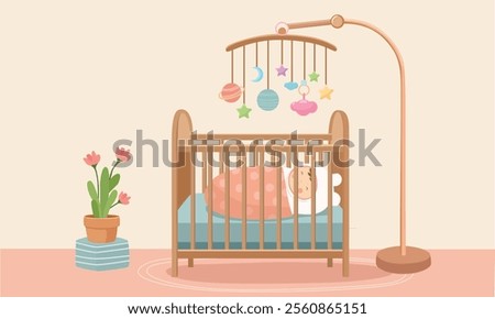 Baby crib with newborn baby sleeping inside. Wooden crib clipart with hanging mobile. Baby bedding flat vector in cartoon style isolated on white background.