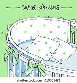 Baby crib with pillows. Vector illustration.